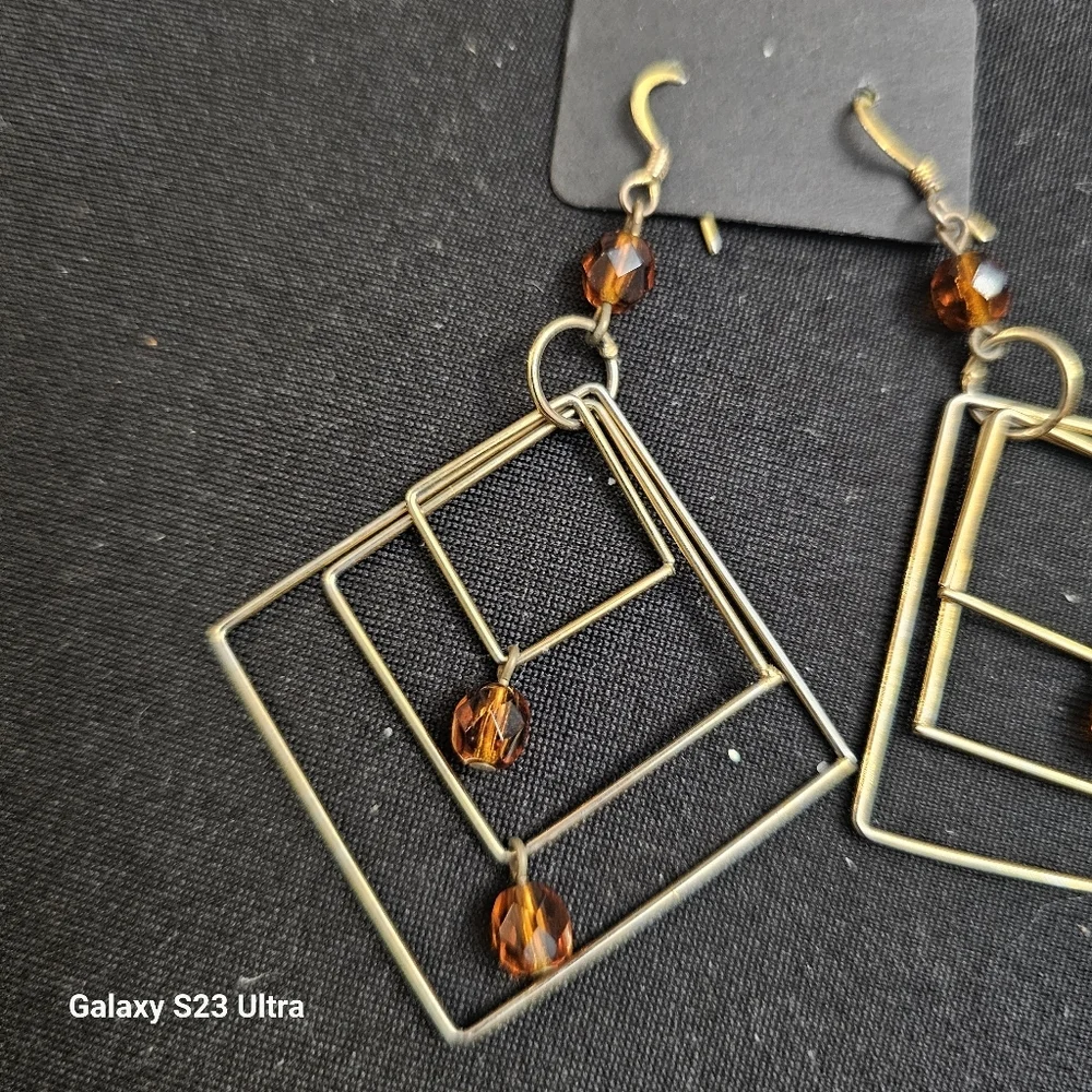 Geometric Gold Tone Earrings with Amber Accents